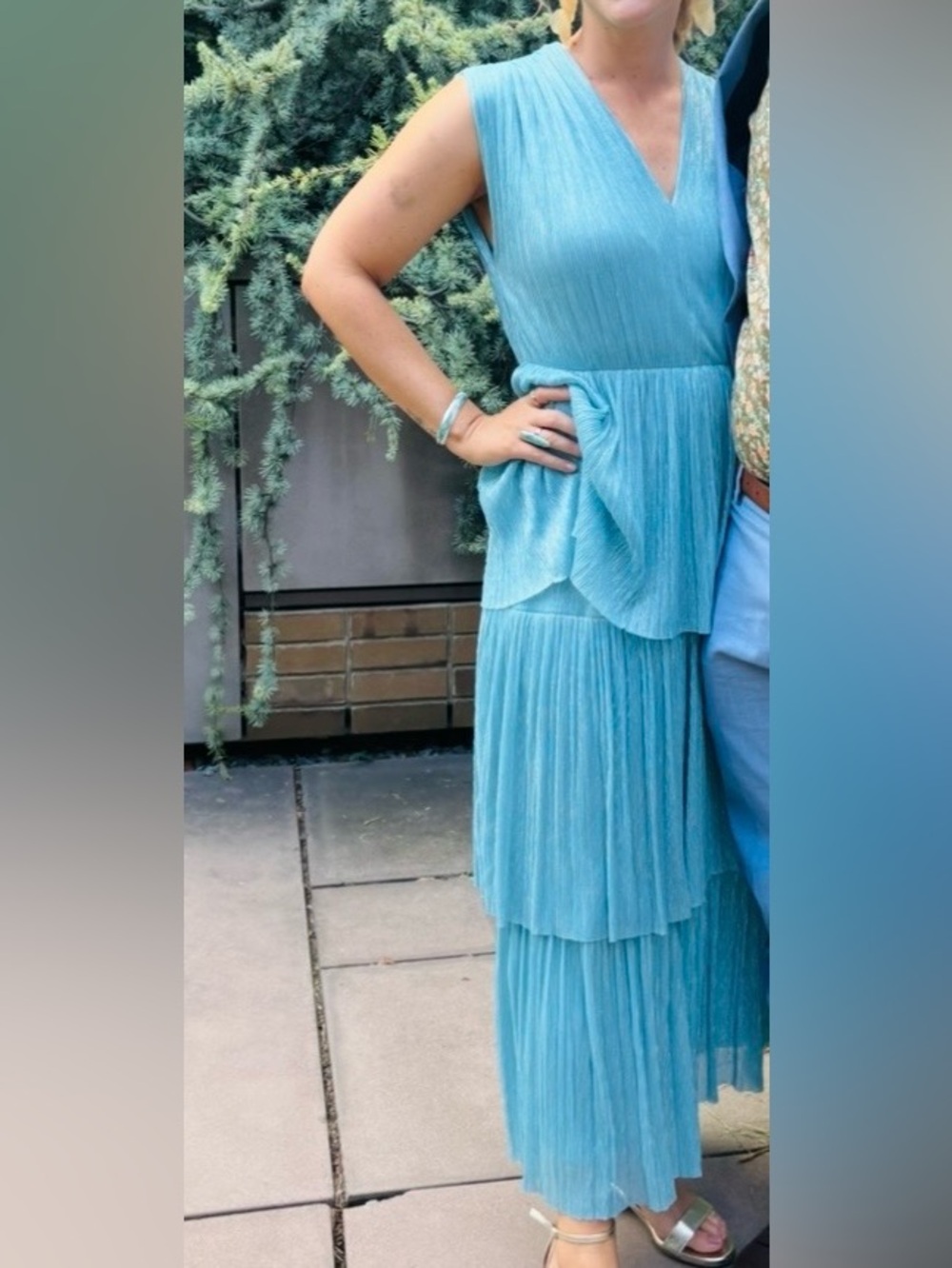 Sabina Musayev Metallic Sky-Blue V-Neck Pleated Dress